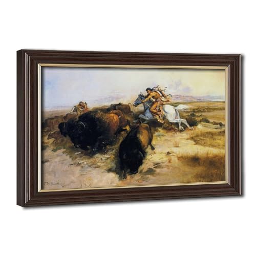 Toile Buffalo Hunt Charles M Russell de qualité supérieure avec cadre en suspension élégant