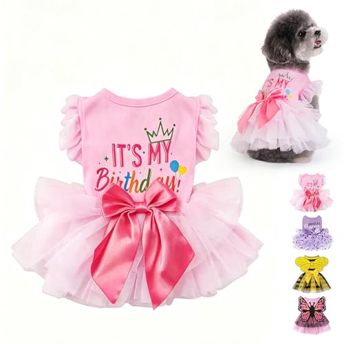KOOLTAIL Dog Birthday Dress for Small Medium Dogs Girl Puppy Lace Tutu Pink Birthday Party Holiday Outfit Gift Cute Ruffle Sleeves Bowknot Dress Soft Pet Cat Princess Clothes Costume Apparel XS