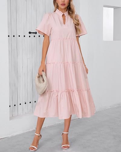 Image of YEXPINE Women's V Neck Tiered Midi Dress Casual Short Sleeve Ruffle Flowy Summer Beach Vacation Long Dress
