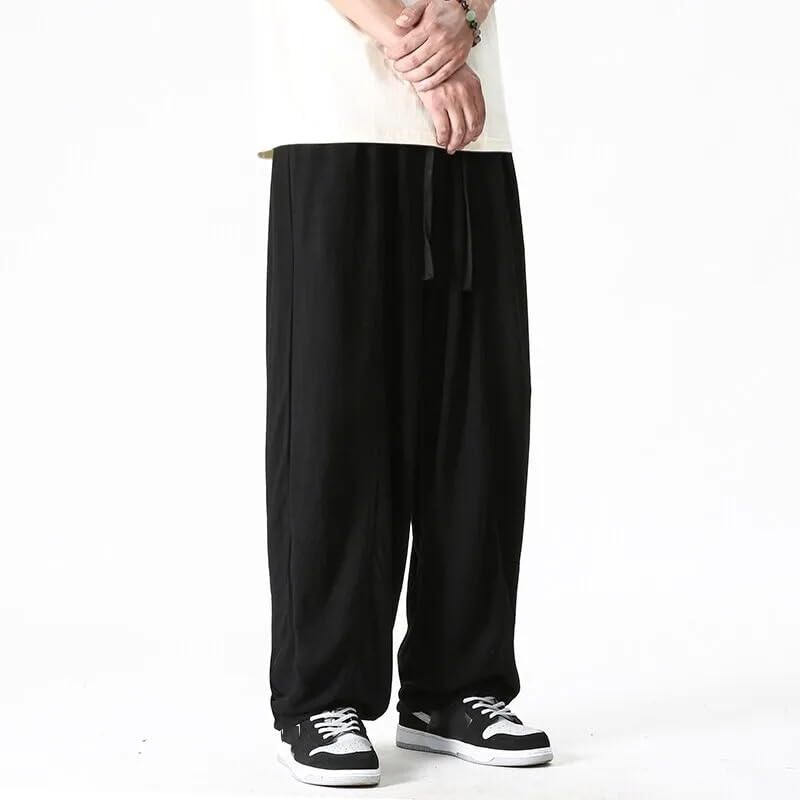 Summer Wide Leg Pants Men's Cotton Linen Loose Pants Men Casual Elastic Waist Trousers4
