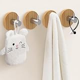 marrhorvk Adhesive Wall Hooks, Bamboo Wood Coat Hook for Hanging Towel Hangers for Bathroom Key Hat Hooks 4-Pack (Wood Silver)