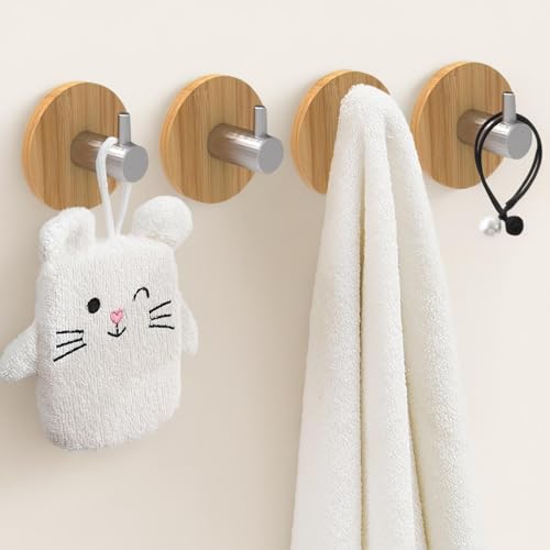 marrhorvk Adhesive Wall Hooks, Bamboo Wood Coat Hook for Hanging Towel Hangers for Bathroom Key Hat Hooks 4-Pack (Wood Silver)