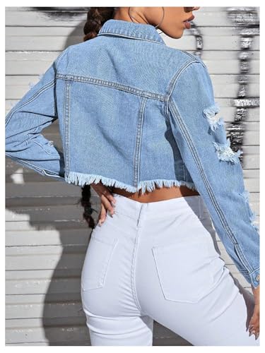 OYOANGLE Women's Ripped Cropped Denim Jacket Long Sleeve Distressed Raw Hem Button Up Coats3