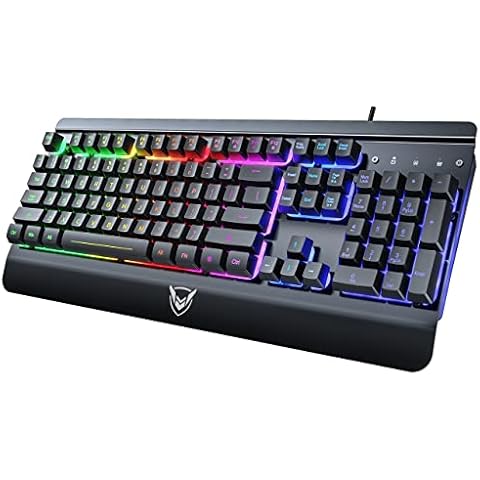 Gaming Keyboard[2022 Upgraded],Vollion UK-Layout USB Wired Rainbow LED Backlit Membrane Keyboard with Wrist Rest, 19 Keys Roll-Over, 12 Multimedia Shortcuts, Spill-resistant,Black Cover