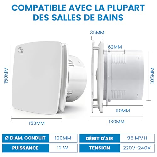 XIIW 100mm Extracteur d'Air VMC Salle de Bain Hygroréglable et Minuterie – vue 3