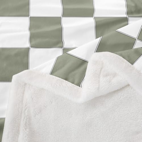 Image of Erosebridal White Sage Green Checkered Fleece Bed Blanket Buffalo Plaid Grid Throw Blanket Queen 90 inchX90 inch for Kids Adults Men Women Checkerboard Sherpa Blanket Aesthetics Gingham Flannel Blanket