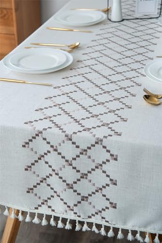 Nappe 90x140cm brodée losange café beige polyester rectangulaire - 8