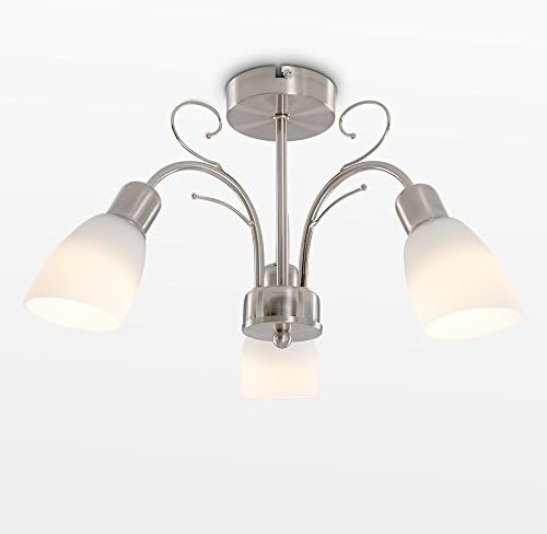 MiniSun Modern 3 Way Silver Brushed Chrome Ceiling Light Fitting with White Frosted Glass Shades - Complete with 4w LED Golfball Bulbs [3000K Warm White]