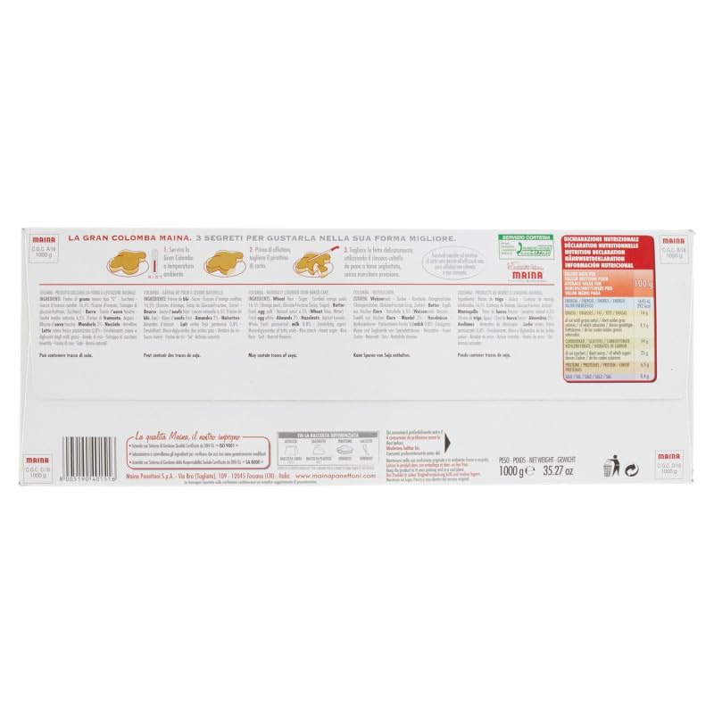 3x Maina La Gran Colomba Classica Osterkuchen mit Knusprige Haselnussglasur mit Ganzen Mandeln und Kristallzucker 1Kg Oster-taube + Beni Culinari Kostenloser Schlüsselanhänger