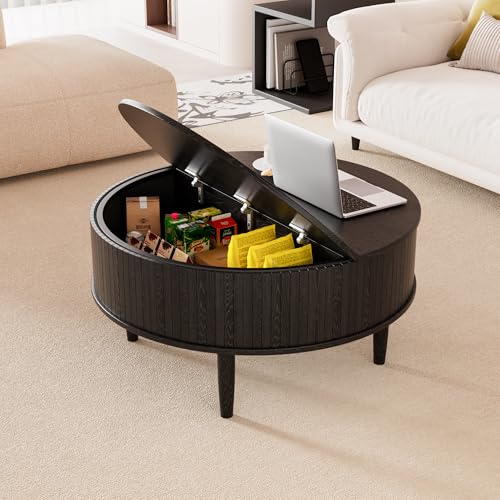 Image of Round Fluted Lift Top Coffee Table with Storage, Mid Century Modern Coffee Table for Living Room, Home Small Space,31.5 inch Fluted Center Table (Black, 31.5inch)