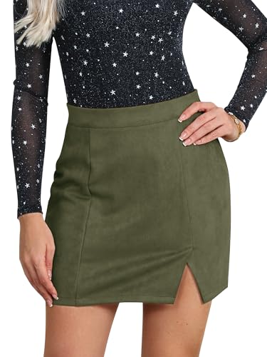 Ezcosplay Women Faux Suede Sexy Mini Skirt with Slit High Waisted Zipper Back Pencil Bodycon Short Skirts Army Green