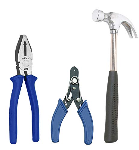 Image of Multi 3 Pieces Combination Cutting Plier 8 inch, Claw Hammer Steel Shaft 1 /2 lb, Wire Stripper 6 inch Hand Tool Kit