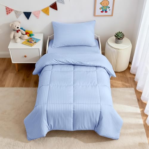 Image of ZPECC Toddler Bedding Set - 4 Piece Hypoallergenic Baby Crib Bedding Set for Boys and Girls, Includes Toddler Comforter, Flat Sheet, Fitted Sheet and Pillowcase, Baby Blue