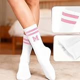 ATOERNCSO Pink And White-Striped Letter Socks, Sports Socks For Women, Pink Team socks, Friends And Family, Birthday Gift.(M)