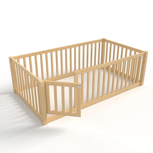 Image of Bellemave Twin Size Kids Montessori Floor Bed with Door,Solid Wood Floor Bed Frame with High Fence for Girls,Boys,Natural