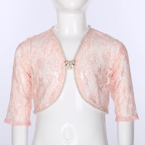 Sholeno Kids Girls Exquisite Faux Pearls Cardigan with Brooch 3/4 Sleeve Sheer Floral Lace Bolero Outerwear for Cocktail3