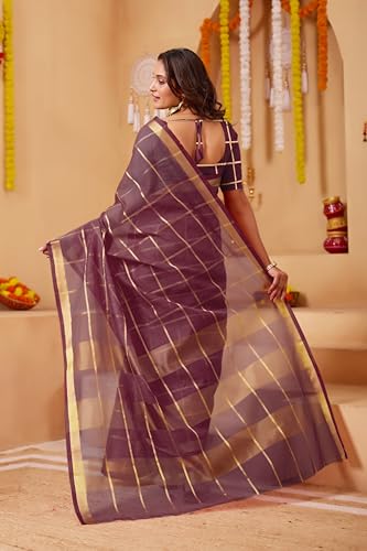 Image of StyleScope Women's Kota Doria Cotton Zari Checks Manipuri Saree With Unstitched Blouse Piece (Malanng)