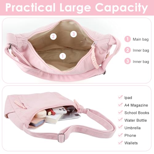 PALAY Corduroy Hobo Bag for Women Multi Pockets Zipper Shoulder Bags with Adjustable Shoulder Strap Casual Hobo Sweetly Stylish Charm Soft Tote Bag for Woman 4
