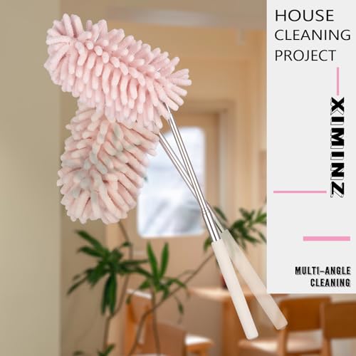 Image of Pink Retractable Microfiber Duster for Cleaning Extendable Washable Hand Duster Feather Duster Cleaning Tool for Cleaning Office, Car, Window, Computer, Air Condition