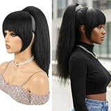 Allyreetress Yaki Drawstring Ponytail Extension with Bangs Natural Looking Ponytail Wig for Black Women Clip in Ponytail Hairpiece for Daily and Party(1B)