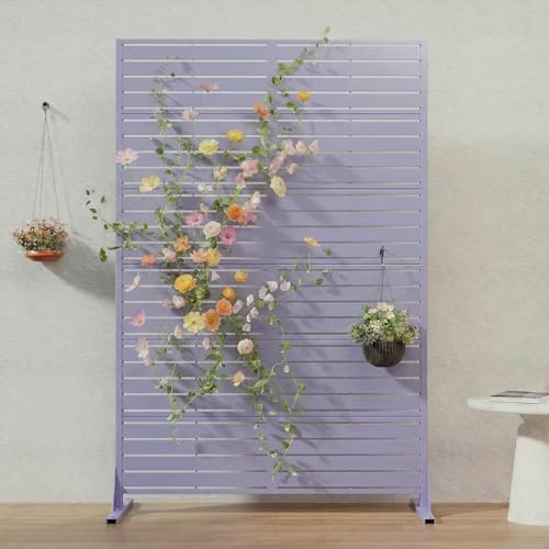 Casaphoria Metal Privacy Screen Outdoor, 72" H x 47" W Freestanding Decorative Privacy Screen for Patio Deck Balcony Garden with Stable Base, Purple-Louvered