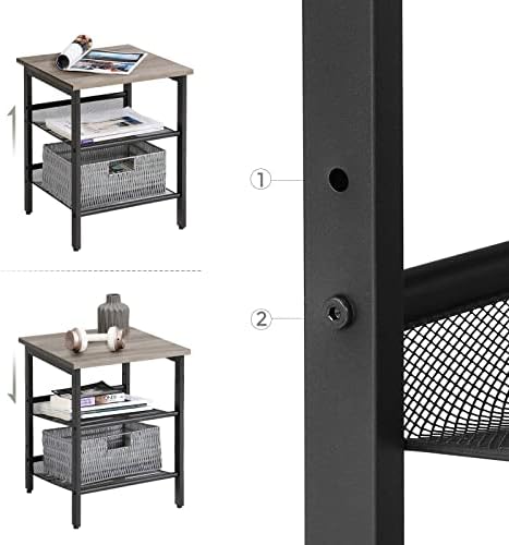 VASAGLE Side Table Set, Nightstand, Set of 2 Industrial Bedside Tables, with Adjustable Mesh Shelves, Living Room, Bedroom, Hallway, Office, Stable, Greige and Black LET024B02