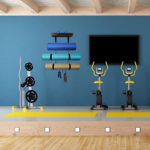 Yoga Mat Holder Wall Mount, Yoga Mat Storage With Wood Floating Shelf, Home Gym Accessories, Metal Home Gym Storage Organizer For Hanging Foam Roller, Yoga Strap, Resistance Bands (Light Brown) (Dark Brown) #TOP4