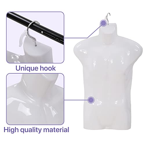 4-Packs Male Mannequin Torso Set 30\" Dress Form Hollow Back Half Body Clothing Display Plastic Adult Table Shirt Mannequin Model Stand with Metal Hook for Hanging - Craft Shows or Design, White