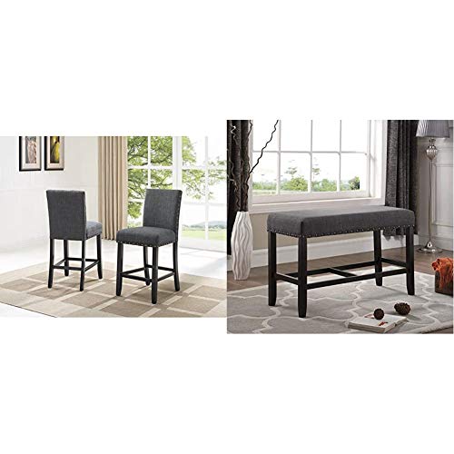 Roundhill Furniture Biony Gray Fabric Counter Height Stools With Nailhead Trim, Set Of 2 & Biony Fabric Counter Height Dining Bench With Nailhead Trim, Grey #TOP17