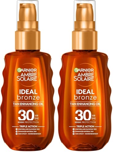 Garnier Ambre Solaire Ideal Bronze Protective Oil Sun Cream Spray SPF30, High Sun Protection Factor 30, Shea Butter, Water Resistant & Non Greasy Sunscreen, UVA & UVB Protection, 150ml (Pack of 2)