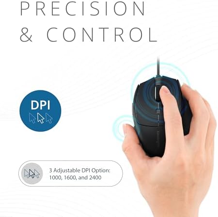 Kensington USB-C Wired Mouse, Pro Fit Ergo MY435 EQ Wired Mouse, for Small to Medium-Sized Hand, Programmable Buttons, Quiet-Click Buttons, USB-C Connection - Black (K72512NA) - 5