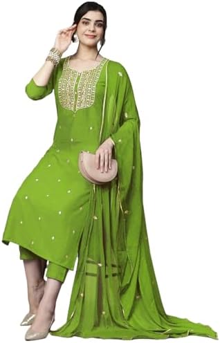 GoSriKi Women's Cotton Blend Embroidered Kurta Set with Trousers and Dupatta, Calf Length, 3/4 Sleeves, Round Neck, Elegant Ethnic Clothing (5 Colors, S-5XL)