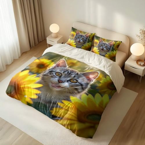 Housse de couette chat microfibre anti-plis, parure lit double facile à laver