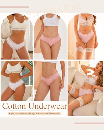 Image of Sth Big Womens Cotton Underwear Sexy Lace Brazilian Panties Soft Breathable Cotton Bikini for Ladies 6 Pack