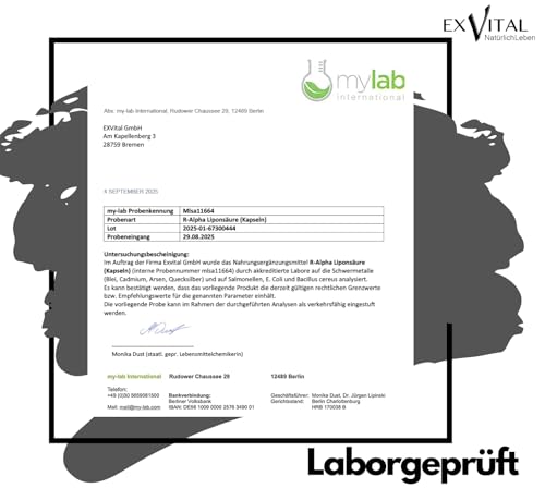 EXVital® R-Alpha-Liponsäure, hochdosiert mit 300mg pro Kapsel, in natürlicher R-Form, 180 Kapseln, vegan & ohne Zusätze, laborgeprüft