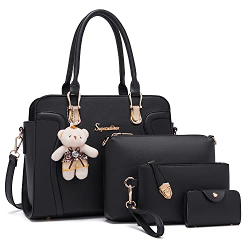 Image of Women's Fashion Handbag Tote Bag Shoulder Top Handle Satchel Purse Set 4pcs | Stylish Style,Chain Texture Design,Ample Space,Bear Doll Decoration,with a Crossbody Strap
