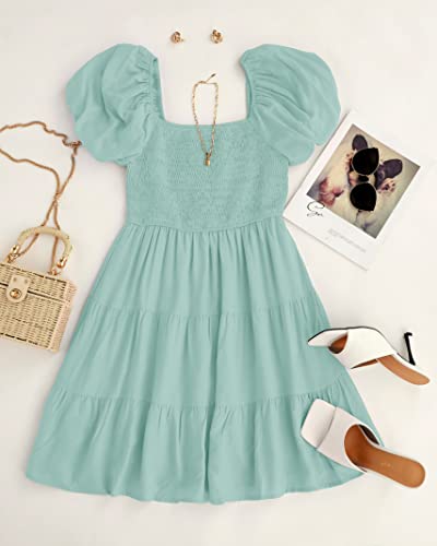 Image of ZESICA Women's Boho 2026 Summer Square Neck Puff Sleeve Off Shoulder Smocked Tiered Casual A Line Short Mini Dress