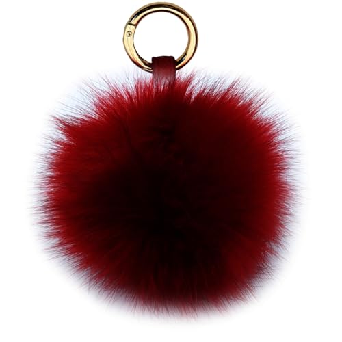 Xsclpomddy - Portachiavi con pompon in vera pelliccia di volpe, grande palla di pelliccia soffice per borsa, portafoglio, charm per borsa a tracolla, vino, 5.9in