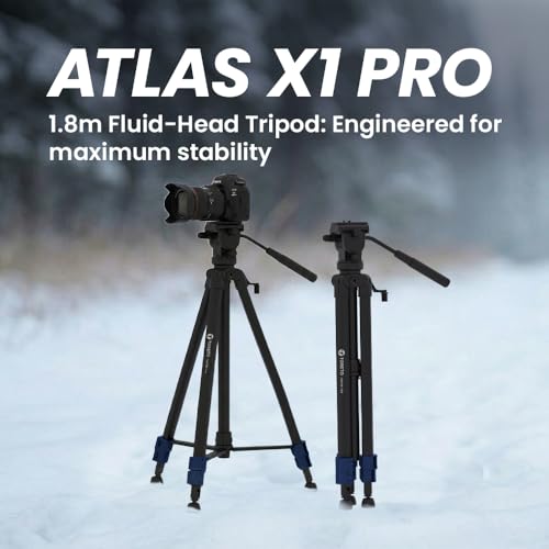 Image of Toreto Atlas X1 Pro 1.8m Professional Tripod for Smartphones, DSLR & DV Camera, Fluid Pan Head with Bubble Level, 360 Rotation, Rubberized Anti-Slip Legs, Quick Release Plate
