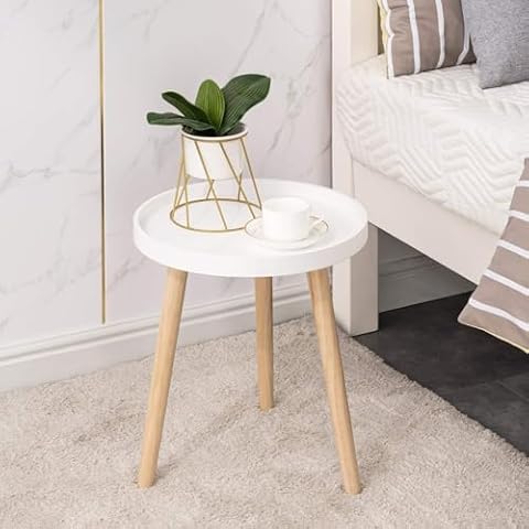 Apicizon Round Side Table, White Tray Nightstand Coffee End Table for Living Room, Bedroom, Small Spaces, Easy Assembly Bedside Table, 15 x 18 Inches Cover