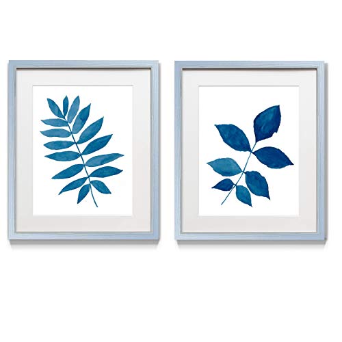 Renditions Gallery Indigo Botanica II 2 Framed Artwork Set, Colorful Botanical, Flower Art, Blue & White Leaf, Silver Frame, White Mat & Plexiglass, 16 In W X 20 In H, Made in America