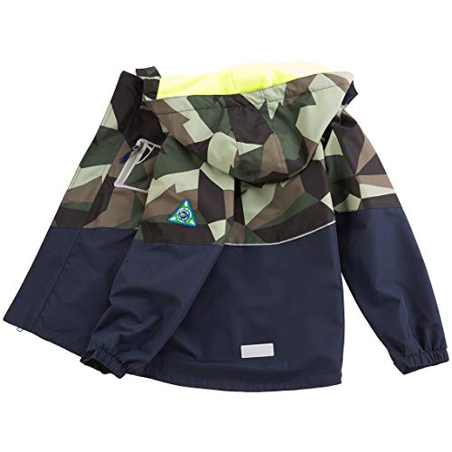 LAUSONS Kinder Gefütterte Regenjacke Jungen Camouflage Wasserdicht Jacke Leichte Übergangsjacke mit Abziehbar Kapuze Armeegrün DE: 128-134 (Herstellergröße 130)