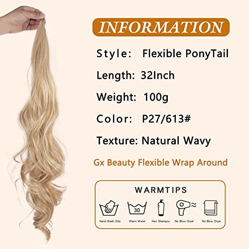 Gx Beauty Ponytail Extension Hair 32 Inch Flexible Wrap Around Ponytail Hair Synthetic Ponytail Lengthened Long Curly Ponytail Women's Daily Use (32Inch,P27/613) #TOP1