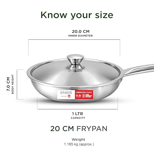 Image of ENSIS Triply Stainless Steel Frying pan -20 cm | Triply cookware Set - 5 Year Warranty | Fry Pan with lid | Induction cookware | Frying Pan with lid Stainless Steel | Fry pan Steel Stainless