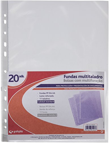 Grafoplas 78149800. Bolsa de 20 Fundas A4 Transparentes, Polipropileno Liso Estándar, Tamaño A4, 11 Perforaciones