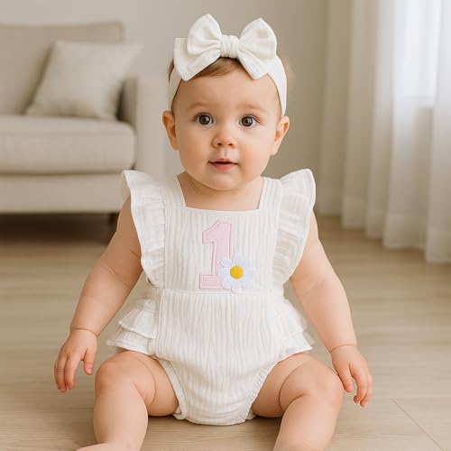 Winmany Baby Girl First Birthday Outfit 1st Birthday Sweet Cotton Romper With Headband Cake Smash Photo Shoot Clothes3