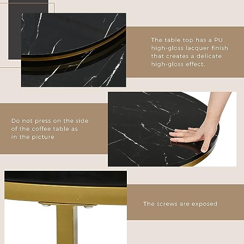ModernLuxe 2-in-1 Coffee Table, Round Nest of Tables, Multi-functional Side Table with Storage Gold Metal Frame Legs and Marble Pattern White Top, Nesting Tables for Living Room Bedroom, Black - Image 4