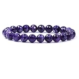 Natural Faceted African Amethyst Handmade Gemstone 8mm Round Beads Elastic Bracelet 7 Inch