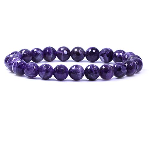 Natural Faceted African Amethyst Handmade Gemstone 8mm Round Beads Elastic Bracelet 7 Inch