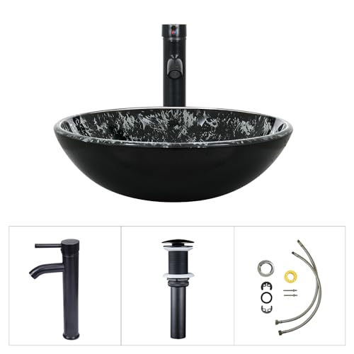 Puluomis Bathroom Vessel Sink, 16.5\" Artistic Glass Bathroom Bowl Basin with Faucet, Mounting Ring and Pop Up Drain, Black - Thumbnail 6